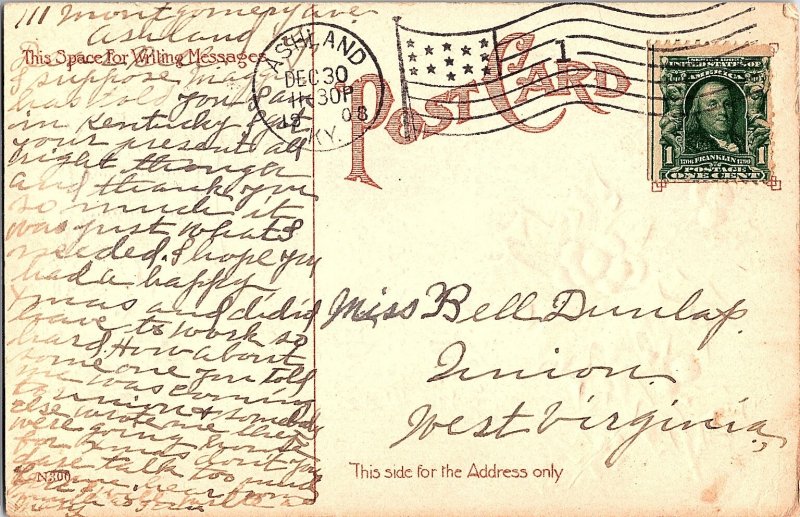 Embossed Christmas Postcard Holly & Ornate Calligraphy Arts & Crafts 1908