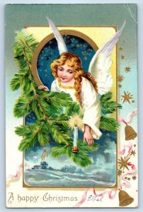 c1905 Christmas Angel Candle Lights Embossed Posted Antique Postcard