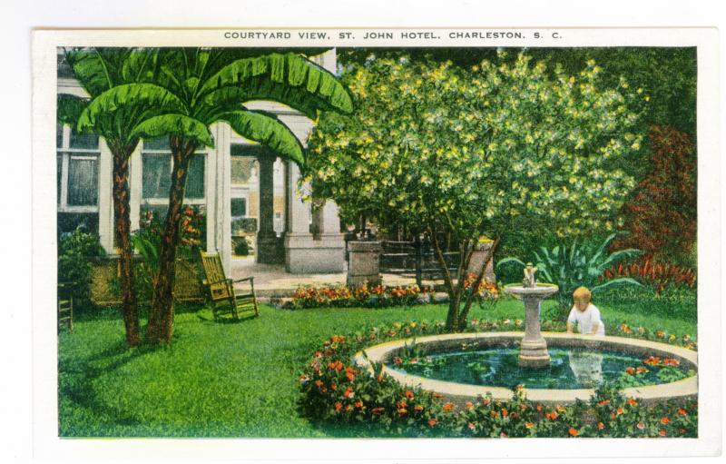 Courtyard View, St. John Hotel, Charleston, South Carolina unused linen Postcard