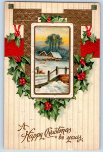 Christmas Postcard Holly Berries Winter Scene Clapsaddle Evans City PA 1909