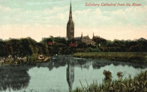 Vintage Postcard 1910's Salisbury Cathedral from the River Wiltshire England UK 