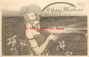 Raphael Kirchner, Tuck No 4024, Woman Playing Harp, Christmas, Art Nouveau