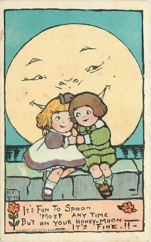 1907 Margaret Hays Moon Spoon Romantic Children Saying Motto Rose Postcard