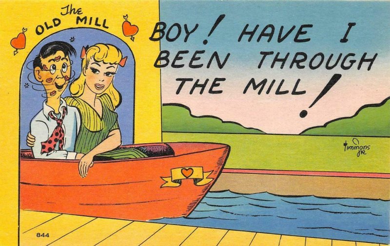 Through the Mill Tunnel of Love Ride Comic Romantic c1940s Vintage Postcard