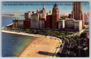 Oak Street Beach Aerial View Chicago Skyline 1951 Postcard US Bonds Cancelation