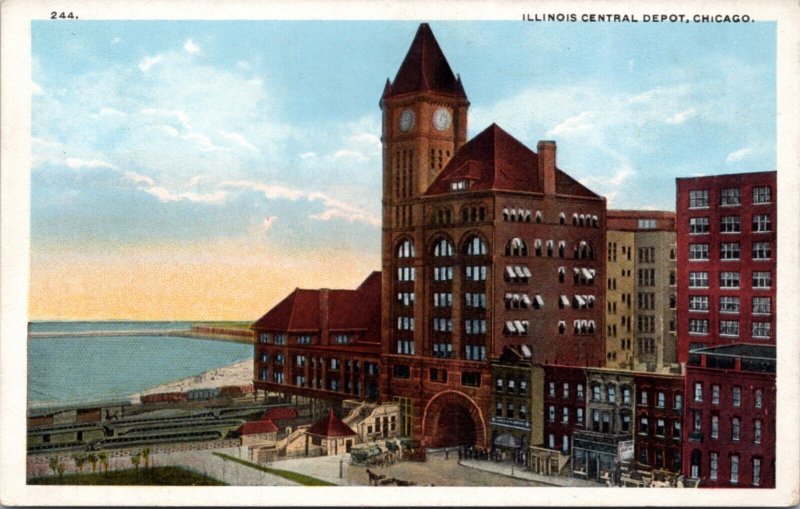 Postcard IL Chicago train station - Illinois Central Depot Chicago