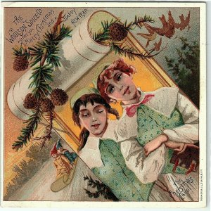 1890s Christmas Lion Coffee Woolson Spice Co Adorable Children Sledding Card