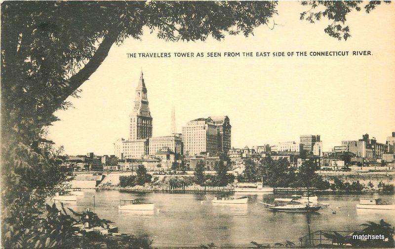 1930s Hartford Connecticut Travelers Tower River Collotype postcard 10740