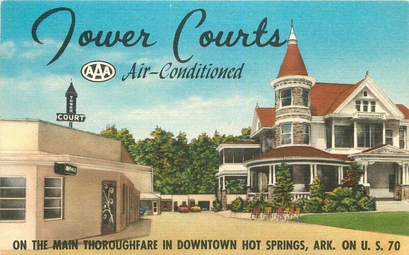 Brogan 1940s Towers Ct roadside Hot Springs National Park Arkansas Postcard 7673