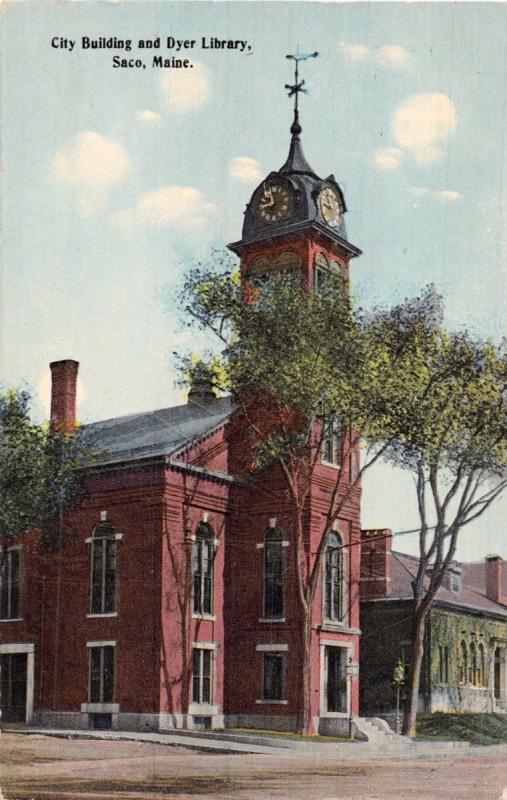 SACO MAINE~CITY HALL BUILDING & OLIVE DYER LIBRARY~POSTCARD 1910s