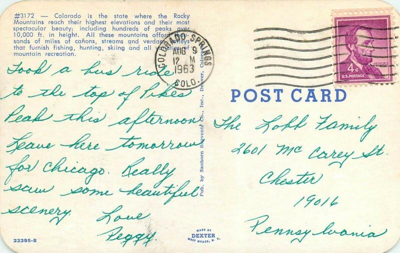 Greetings from Colorado Land of Mighty Mountains CO pm 1963 Postcard