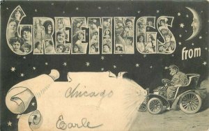 Auto Lady Heads Large Letters Illustrated 1905 Greetings Moon Postcard 20-13105