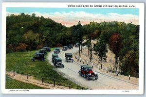 Muskegon Michigan Postcard Horse Shoe Bend On Scenic Highway 1936 Antique Cars