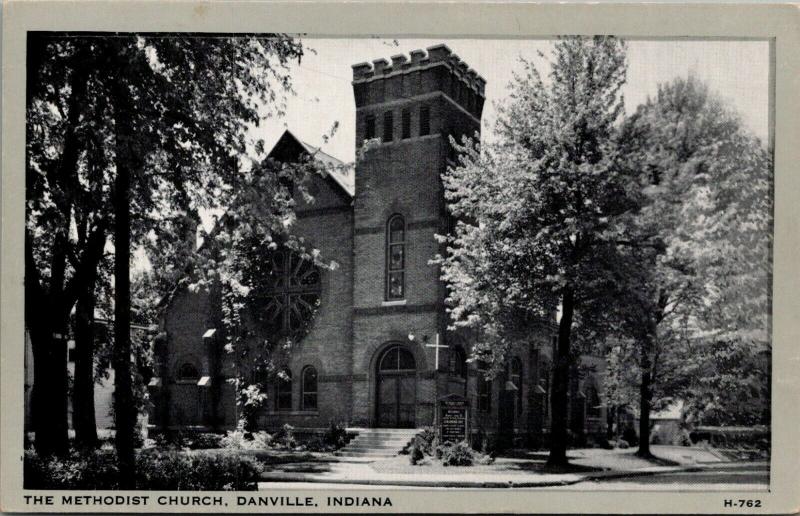 Danville Indiana~Methodist Church Corner~1930s B&W Wayne Paper Box Postcard 