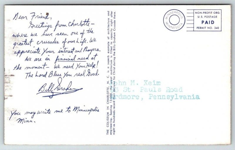 Billy Graham in Charlotte North Carolina Postcard