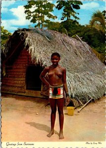 VINTAGE CONTINENTAL SIZE POSTCARD GREETINGS FROM SURINAM DJUCA MAID 1974