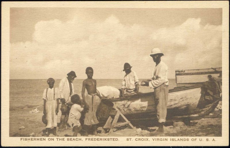 U.S. Virgin Islands, St. Croix, FREDERIKSTED, Fishermen on the Beach (1920s)