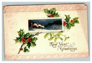 Vintage 1910's International Art New Years Postcard Mistletoe Holly Berries NICE