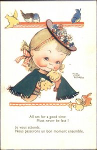 Mabel Lucie Attwell LITTLE GIRL ALL SET FOR A GOOD TIME Postcard