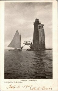 Sailboat at Bishop and Clerks Light MA Undivided Back Vintage Postcard R35