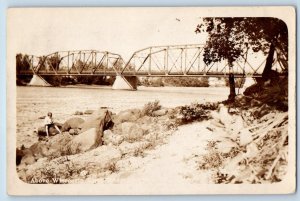 Marrimac Wisconsin Postcard RPPC Photo Above Wisconsin Bridge River Child Scene