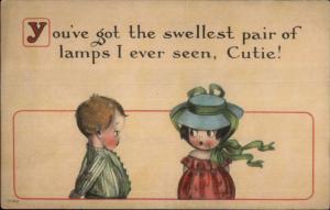 Sweet Children Boy & Girl Flirt Sweelest Pair of Lamps c1910 Postcard