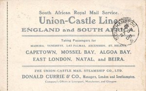 England & South Africa Union Castle Mail Steamship Co. Menu on back Union Cas...