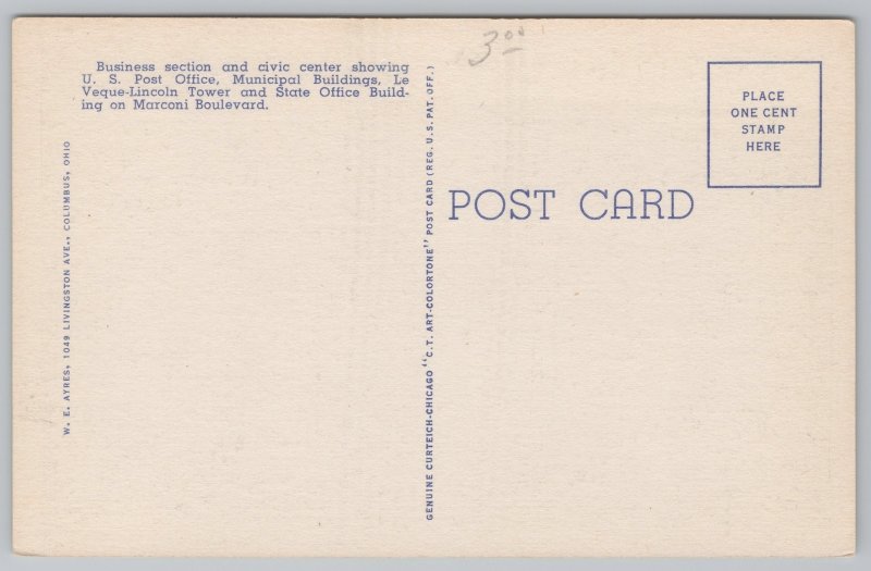 Linen~Air View Columbus Ohio & River Bridge~Vintage Postcard