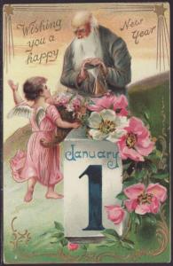 Happy New Year,Father Time,Flowers Postcard