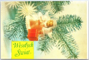 VINTAGE CONTINENTAL SIZE POSTCARD PINE LEAVES ANGEL CHRISTMAS POLAND 1990s