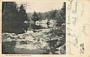 RIVER AT THE LOWER FALLS~1907 MANITOWOC WISCONSIN POSTMARK POSTCARD