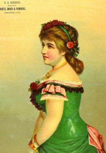 1870's-80's Lovely Lady Green Dress, E.S. Gibbons Big Victorian Trade Card *H