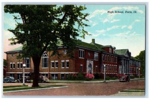 c1940 High School Exterior Building Classic Cars Parking Paris Illinois Postcard