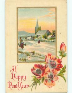 Pre-Linen new year PEOPLE GOING TO SNOW-COVERED CHURCH AND PINK FLOWERS k5268