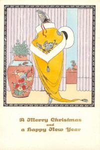 Christmas New Year Greetings Art Deco Lady Yellow Coat Koehler Postcard J65043