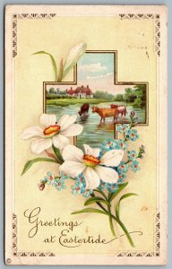 Postcard c1914 Greetings at Eastertide John Winsch Cross Lillies Cows Embossed