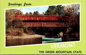 Greetings From Vermont Green Mountain State Old Covered Bridge Canoeing Postcard 