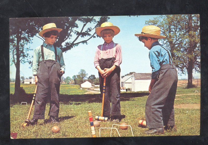 GREETINGS FROM AMISH COUNTRY VINTAGE POSTCARD BOYS PLAYING CROQUET