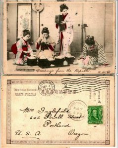 Vtg Carte Postale 1905 Japon Geisha Filles Eating Macaroni - Shanghai & 2 US