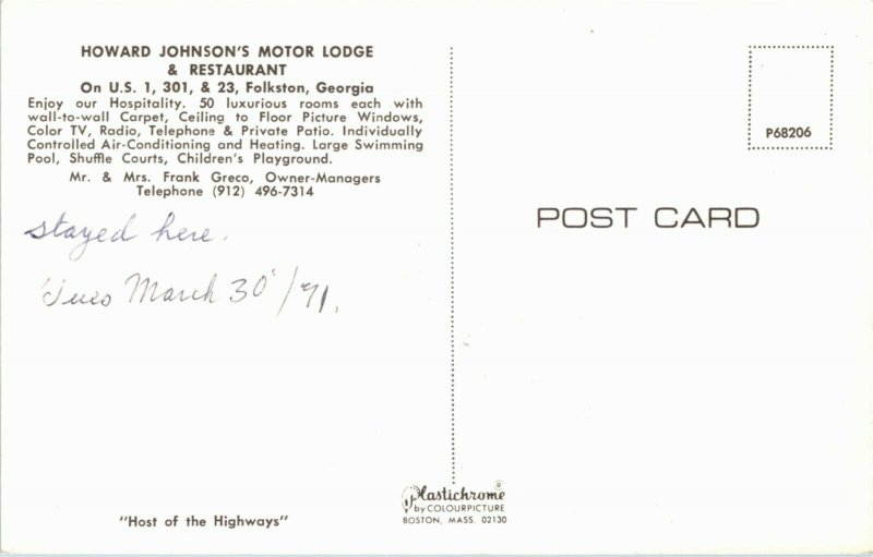 Postcard GA Folkston Howard Johnson's Motor Lodge Classic Cars Pool 1971 K13