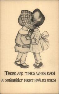 Little Boy & Sunbonnet Girl Kiss Under Hat c1910 Postcard