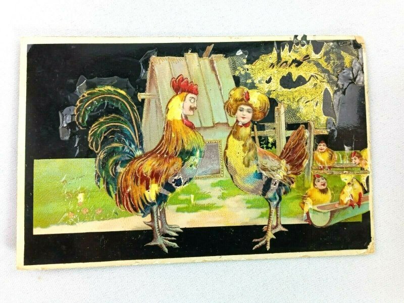 Vintage Postcard Chickens with Man & Woman Faces and Children Chcks Rooster 1912