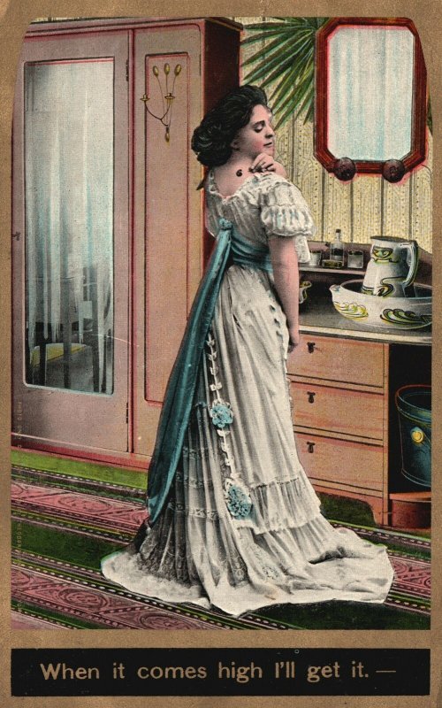 Vintage Postcard Beautiful Lady Staring At The Mirror Wearing White Long Gown
