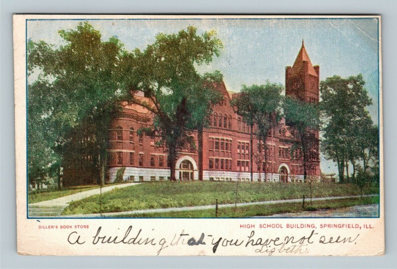 Springfield IL, High School Building, Clock Tower, Vintage Illinois Postcard
