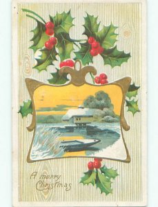 Pre-Linen christmas SNOW-COVERED HOUSE BESIDE LAKE WITH HOLLY J1306