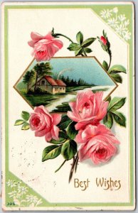 1910's Best Wishes Pink Roses Landscape Line Border Posted Postcard