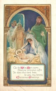 Vintage Postcard Wise Men Bearing Precious Gifts Baby Jesus Christmas Greetings