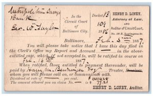 1887 Henry D Loney Attorney at Law Auditor Baltimore Maryland MD Postal Card