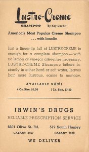 Lustre Cr??e Shampoo, Irwin's Drugs Cabany Advertising Unused 