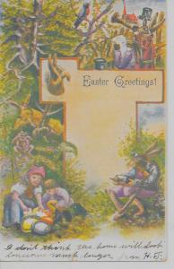 Easter Greetings children dressed bunnies glittered antique pc Z17932